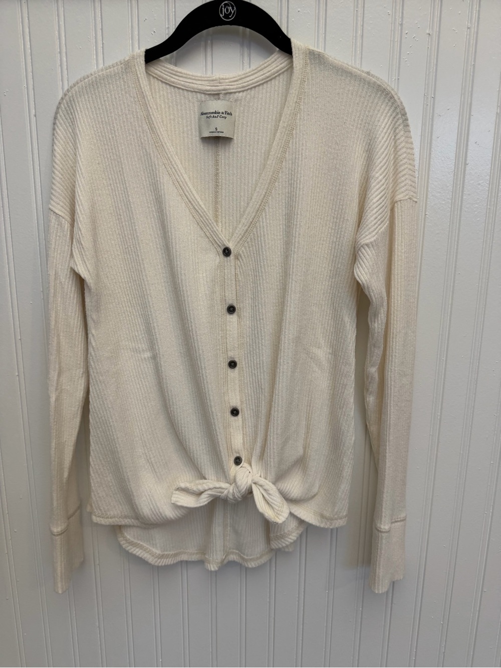 Abercrombie & Fitch Cream Waffle-Knit Tie-Front Button Cardigan
